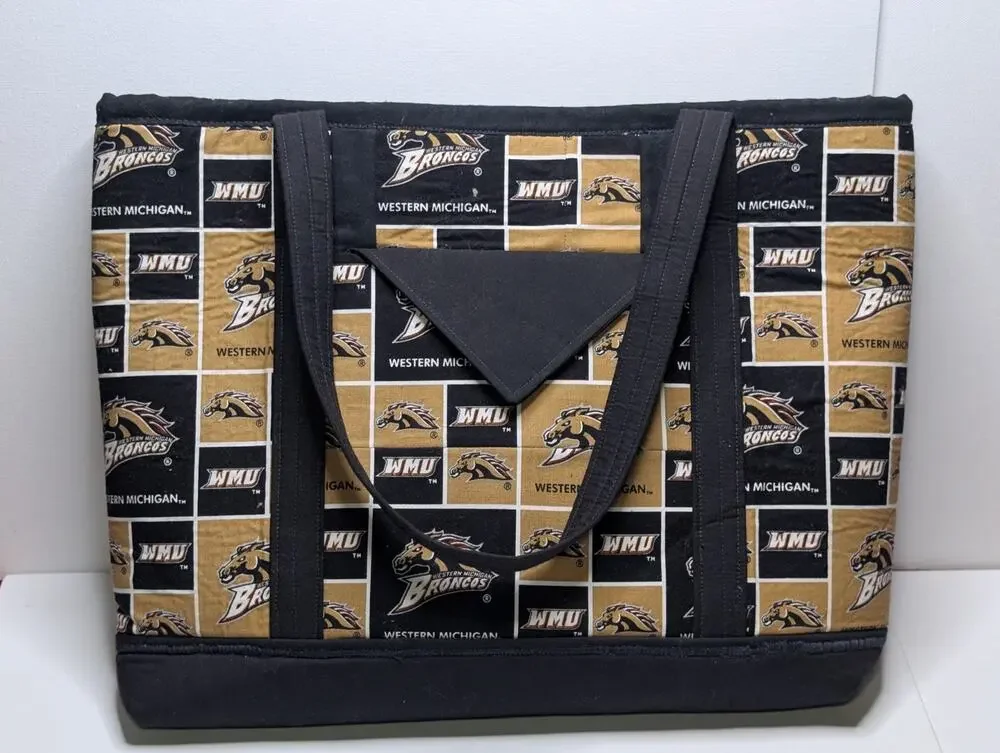 Western Michigan Broncos WMU Tote Bag Handmade Quilted Carryall Black Gold